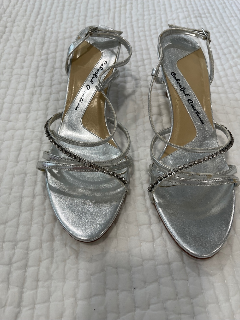 Silver Strappy Rhinestone Heeled Sandals - Women's